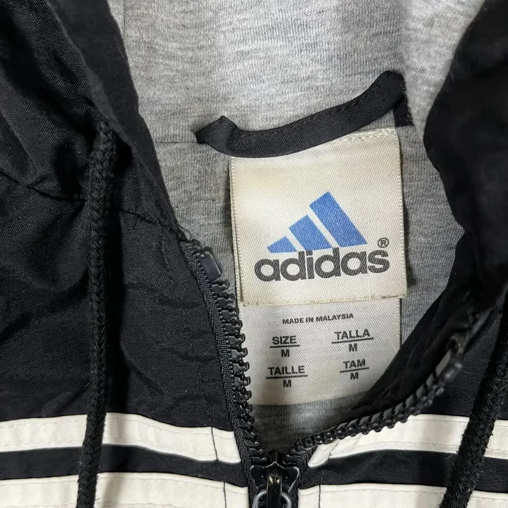 Vintage Adidas Jacket Mens Medium Black Hooded Windbreaker Full Zip 3 Stripes